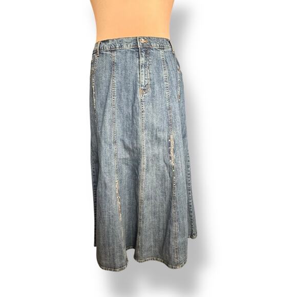 Deadstock Y2K Quacker Factory Embellished Denim Maxi Skirt Rhinestone Details - Picture 2 of 11